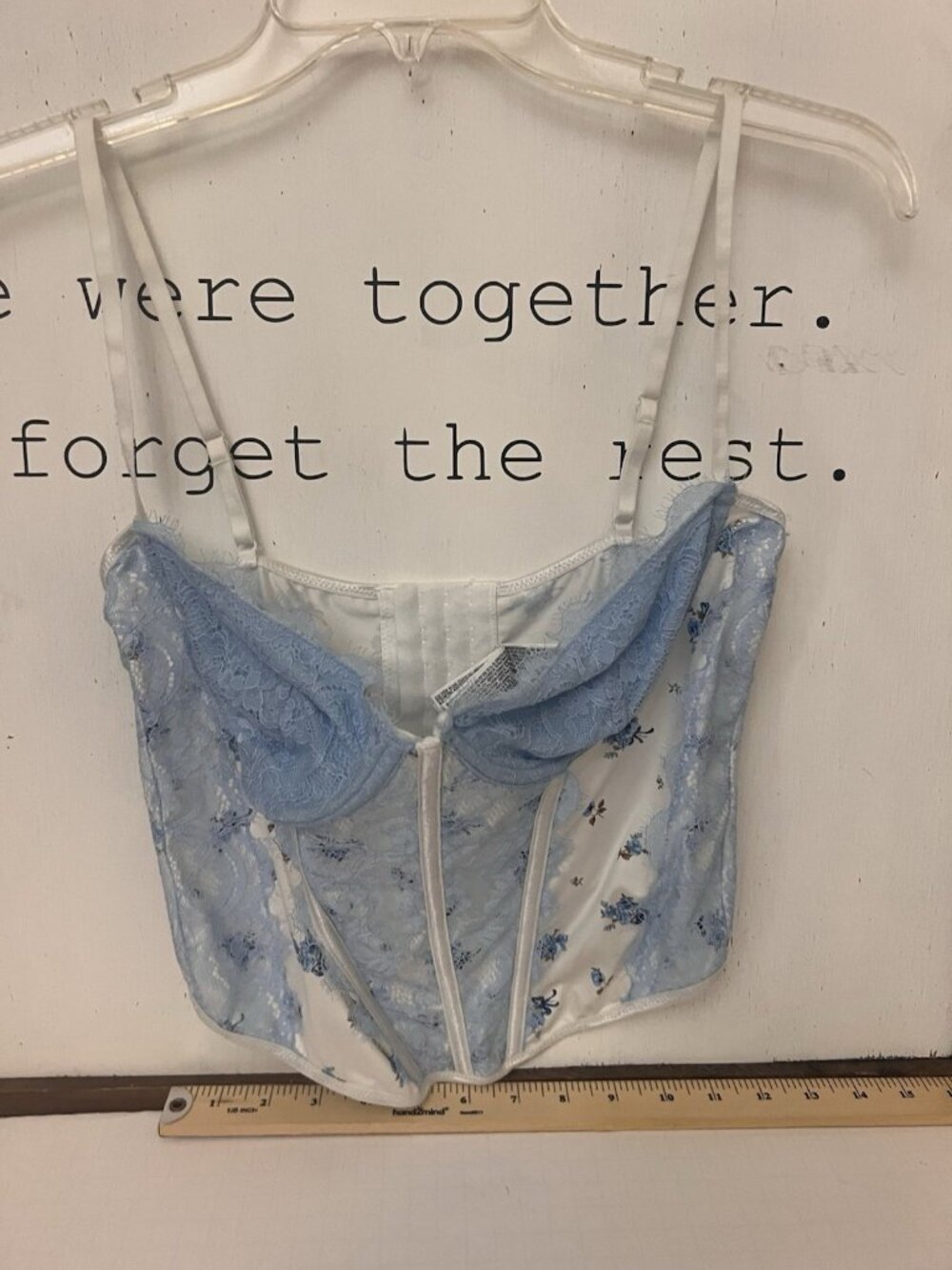 Forever 21 Eyelet Bustier Top Large Blue White Floral Lace Sheer Coquette.     T